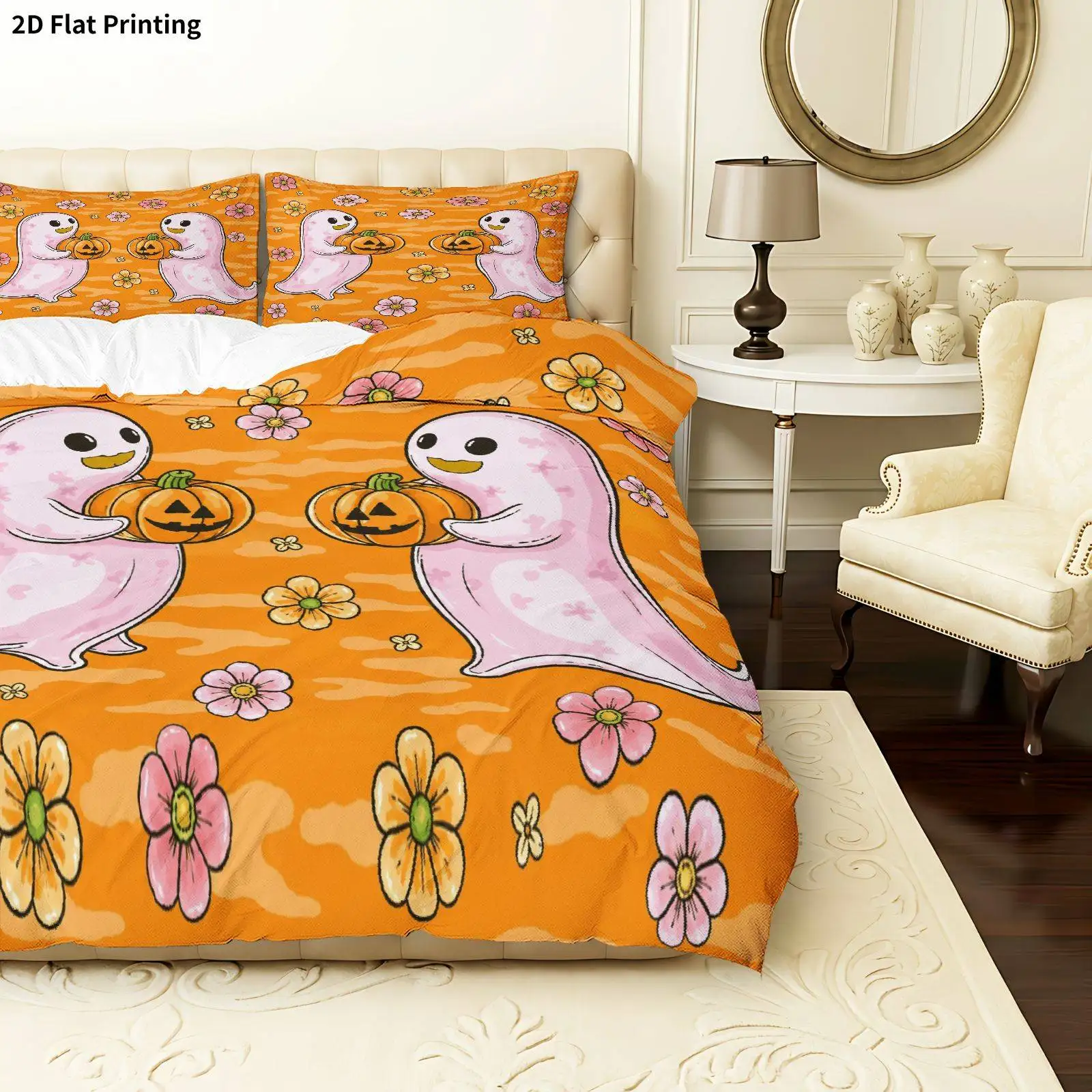 2D Flat Print Halloween Bedding Quilt Cover Set, Three-Piece Bed Set (1*Quilt Cover + 2*Pillowcases), Suitable for All Seasons, Machine Washable, Invisible Zipper Design, Large Double Bed Cover Set, Suitable for Home, Dormitory, Master Bedroom, Guest Room, Ghost and Pumpkin Theme, Halloween Bedding, Ghost and Pumpkin Decorations, Suitable for Bedroom Decoration