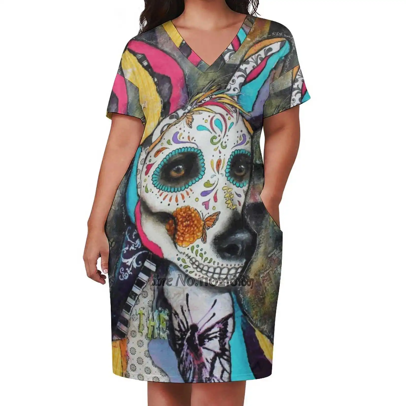 Xolo Mexican Hairless Dog Day Of The Dead Elegant Fashion V-Neck A-Line Skirt Comfortable High Quality Women Clothing Dress