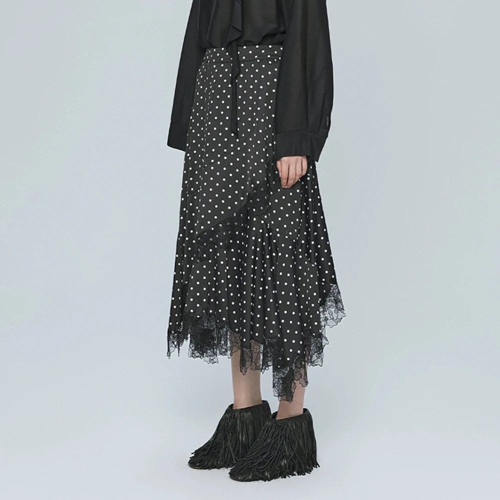 

Women's Irregular Fringe A-line Skirt, Polka Dot, Lace Splicing, Temperament, Elegant, Commuter, New, Fall, Y2k, 2024