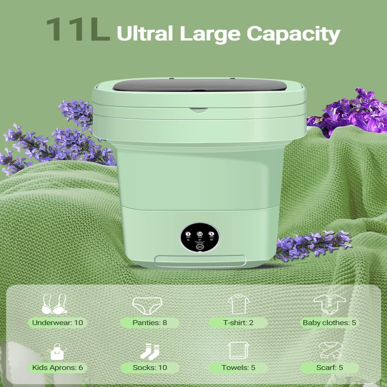 Portable Washing Machine, 11L Upgraded Large Capacity Foldable  Portable Washing Machine, Small Washing Machine for Apartment, T