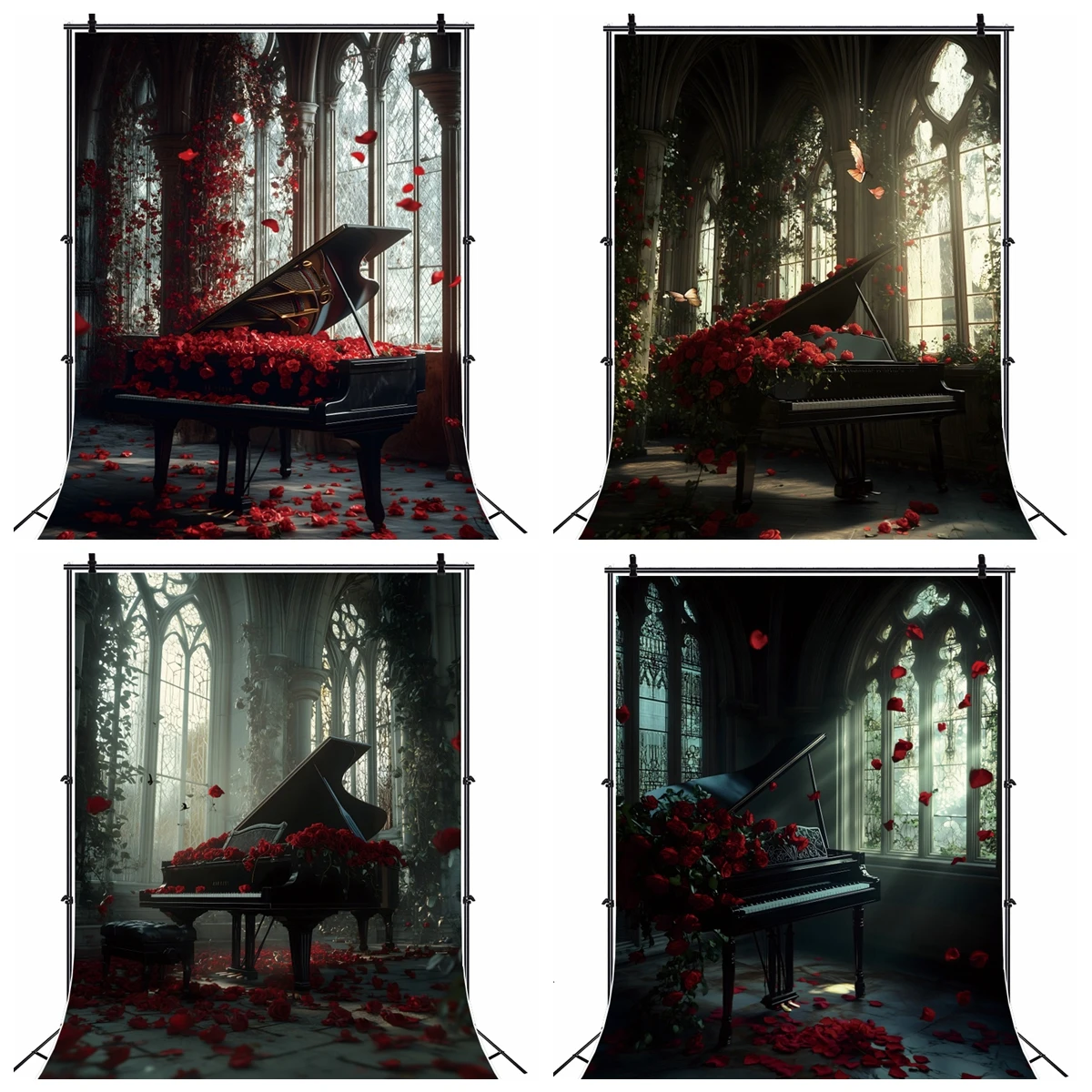 Ancient Castle Piano Red Flowers Backdrop Retro European Style Door Window Sunlight Wedding Decor Girl Portrait Background Props