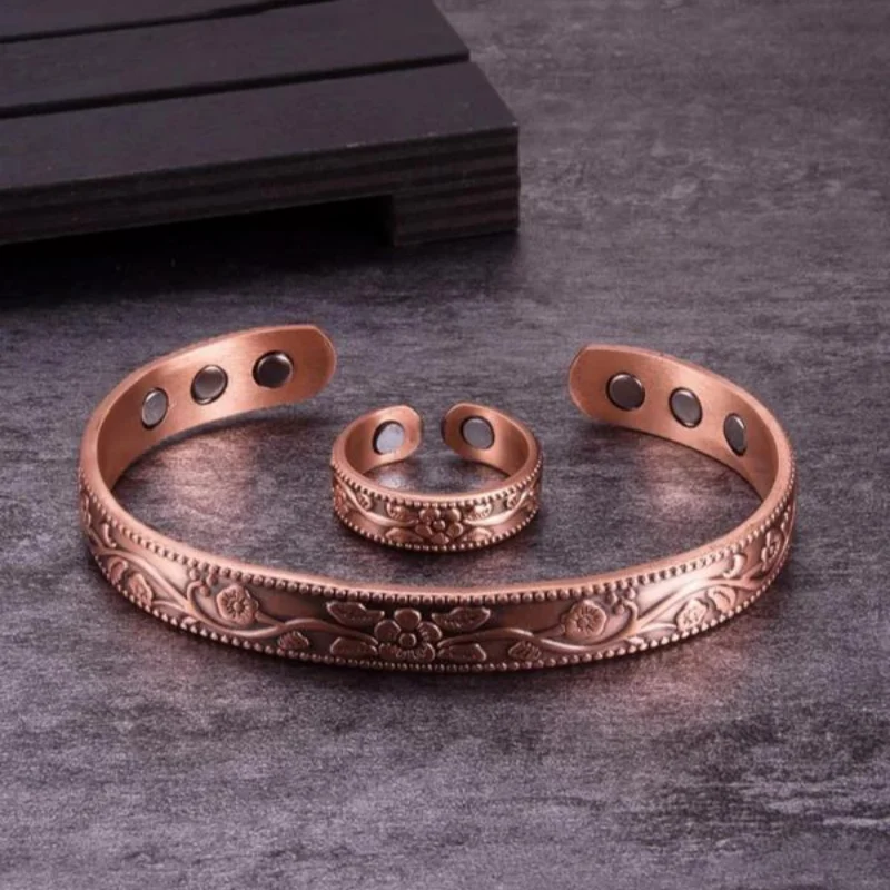 Unisex Copper Magnetic Bracelet Ring Jewelry Sets for Women Vintage Simple Flower Design Bangle Rings Jewelry Accessories