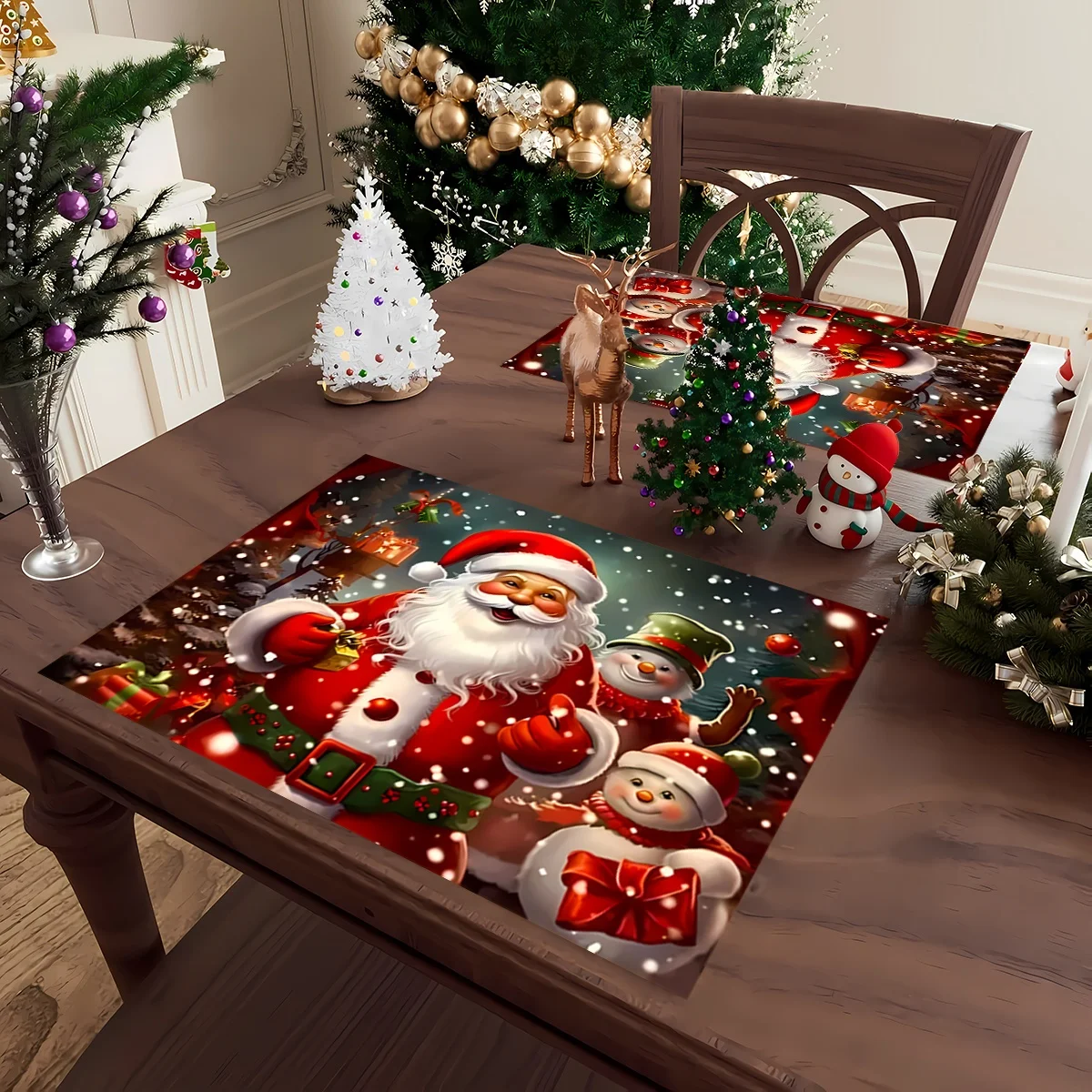4pcs Red & Golden Christmas Placemats Set with Santa Claus, Snowmen, Reindeer & Bells