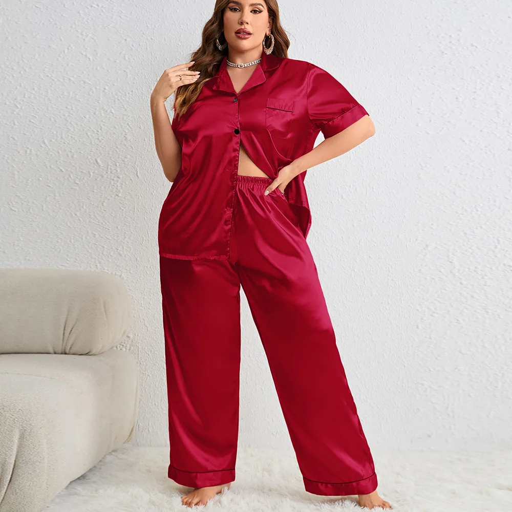 Solid Color Lapel Sleepwear Silk Imitation Nightgown Half Sleeve Long Pant Pajamas Two-piece Set Home Casual Clothes for Women