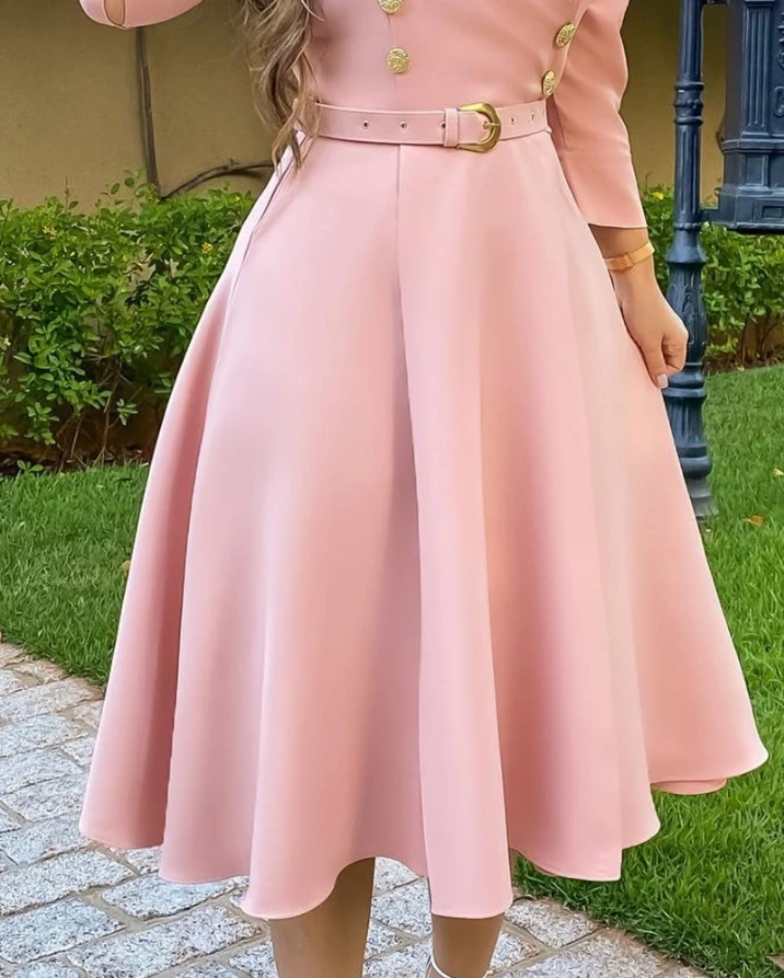 Womens Dresses 2023 Spring Fashion Puff Sleeve Double Breasted Elegant Notched Collar Three Quarters Midi Blazer Dress with Belt