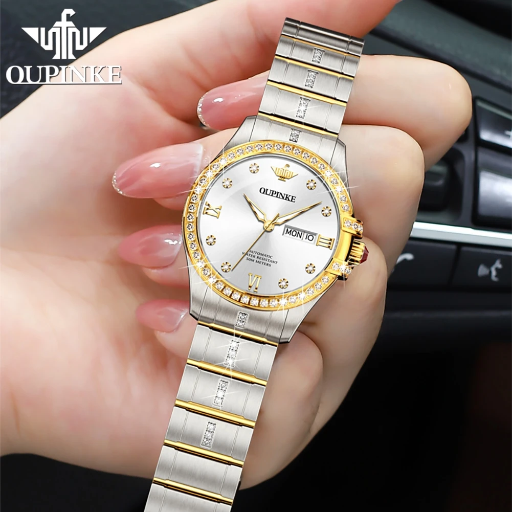 OUPINKE Diamond Automatic Watches for Women Sapphire Mirror Waterproof Calendar Original Impored Movement Mechanical Wristwatch