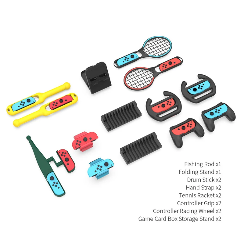 14 in 1 Sports Set Bracket+Grip+Steering Wheel+Tennis Racket+Taiko Stick+Wrist Strap+Disc Rack for Nintend Switch Accessories