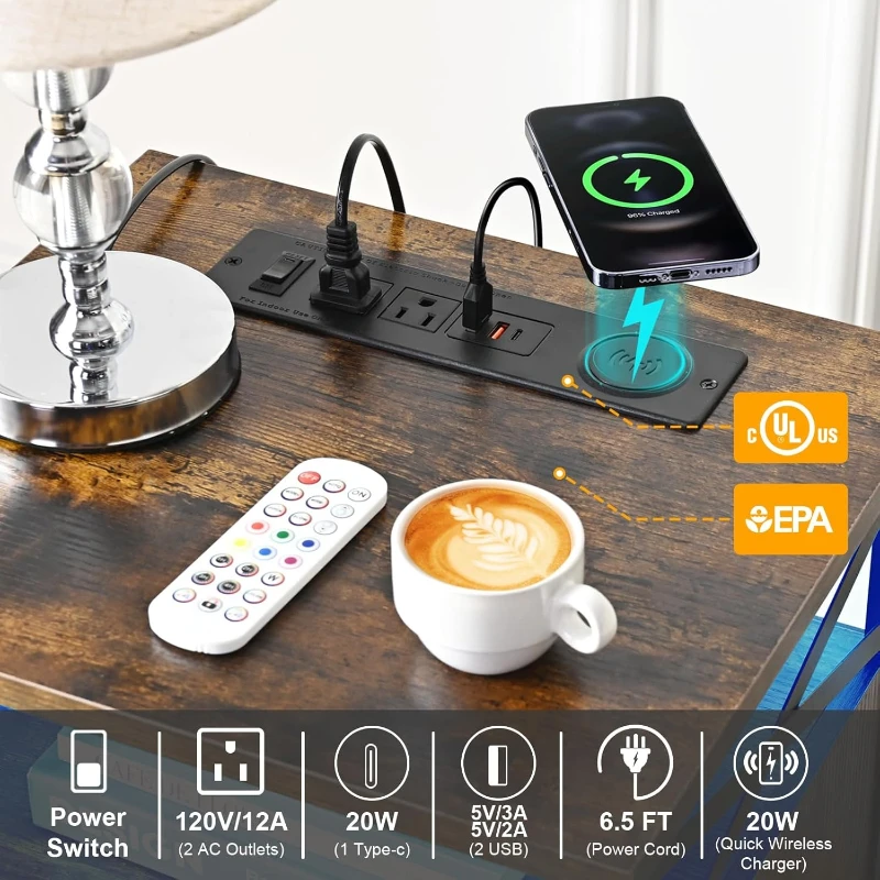 LED Nightstands with Wireless Charging Station and 2 Wood Drawers End Tables Living Room with USB and Outlets Bedroom Brown