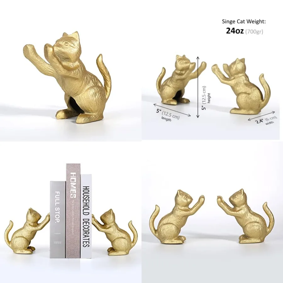 

Сверхмощная чугунная подставка для книг Lucky Cat с винтажной эстетикой для элегантного декора полки с золотой отделкой, идеально подходящая для гостиной в офисе