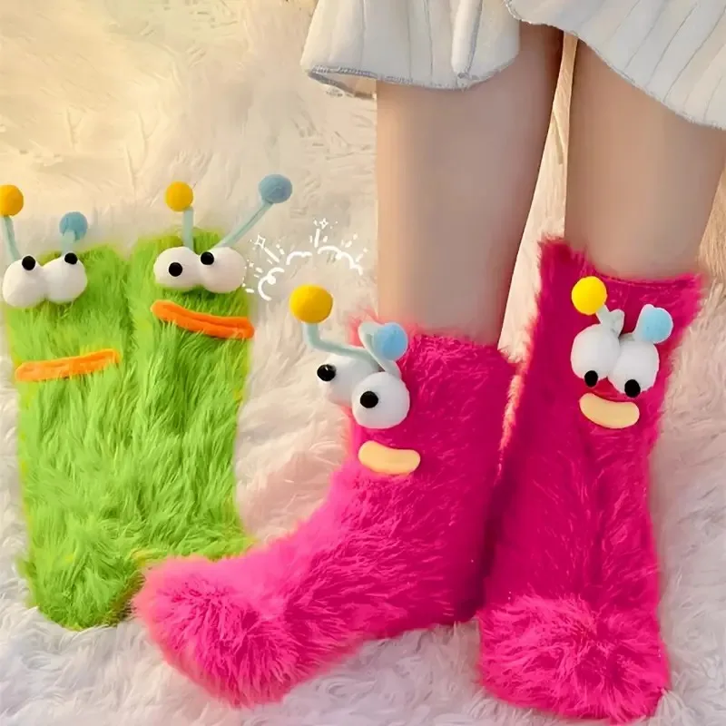 1 Pair Cute 3D Cartoon Expression Plush Socks Autumn Winter Warm Thick Soft Comfortable Fashionable Funny Design Casual Socks