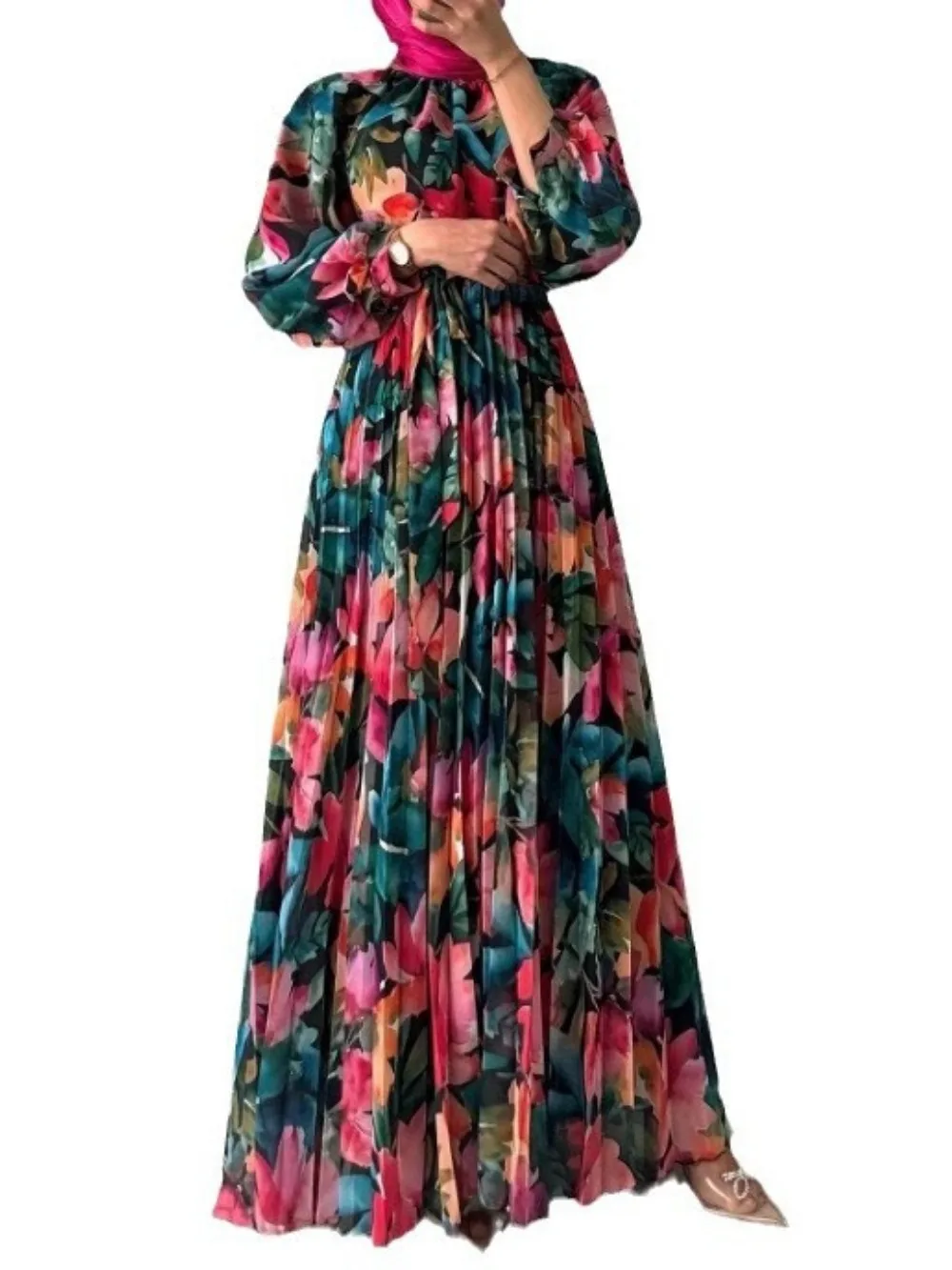 Ramadan Eid Moslim Abaya voor Vrouwen Bloemenprint Jurken Jalabiya Plooien Vestidos Islam Arabische Lange Gewaad Marokko Dubai Abaya Kaftan