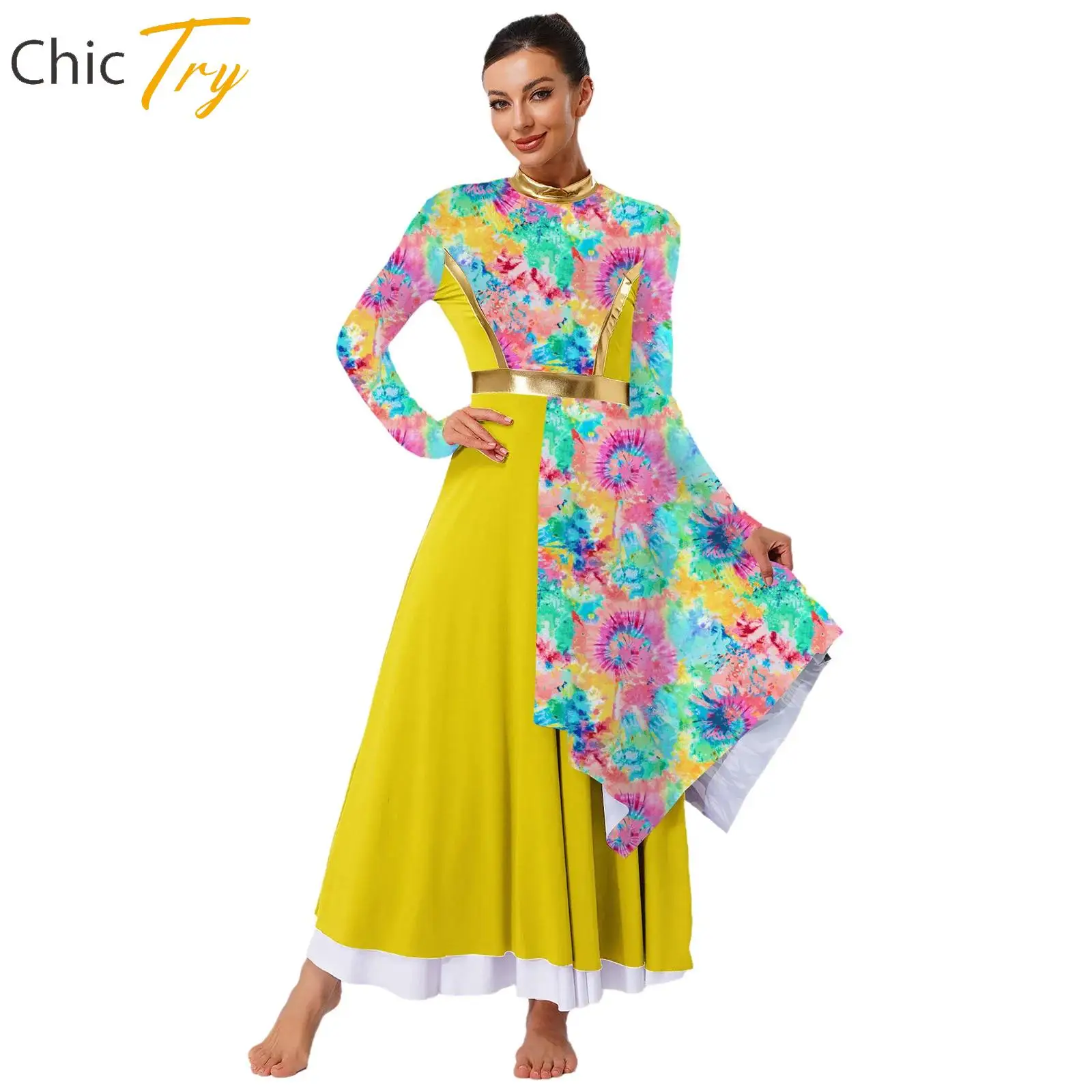 

Adults Womens Praise Worship Dance Costume Tunic Long Sleeve High Waist Asymmetrical Dress Lyrical Dance Performance Costume