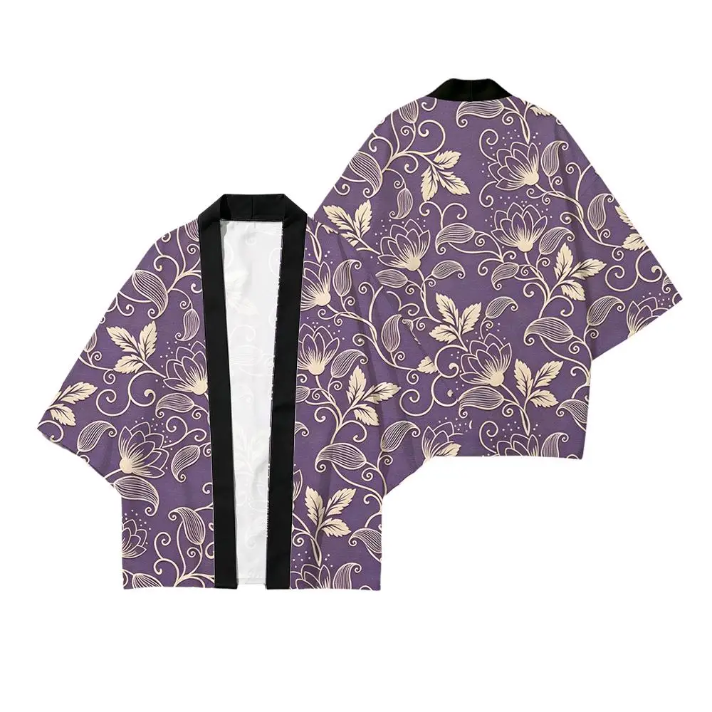 Retro Multi‑Flower Pattern Kimono Cardigan Unisex Open‑Front Haori 3/4 Sleeve Loose Bohemian Beach Cover‑Up Coat