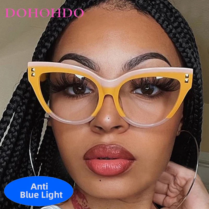 

Vintage Big Frame Cat Eye Rivets Decoration Glasses Women Men New Trendy Brand Designer Computer Anti-Blue Light Eyewear Lentes