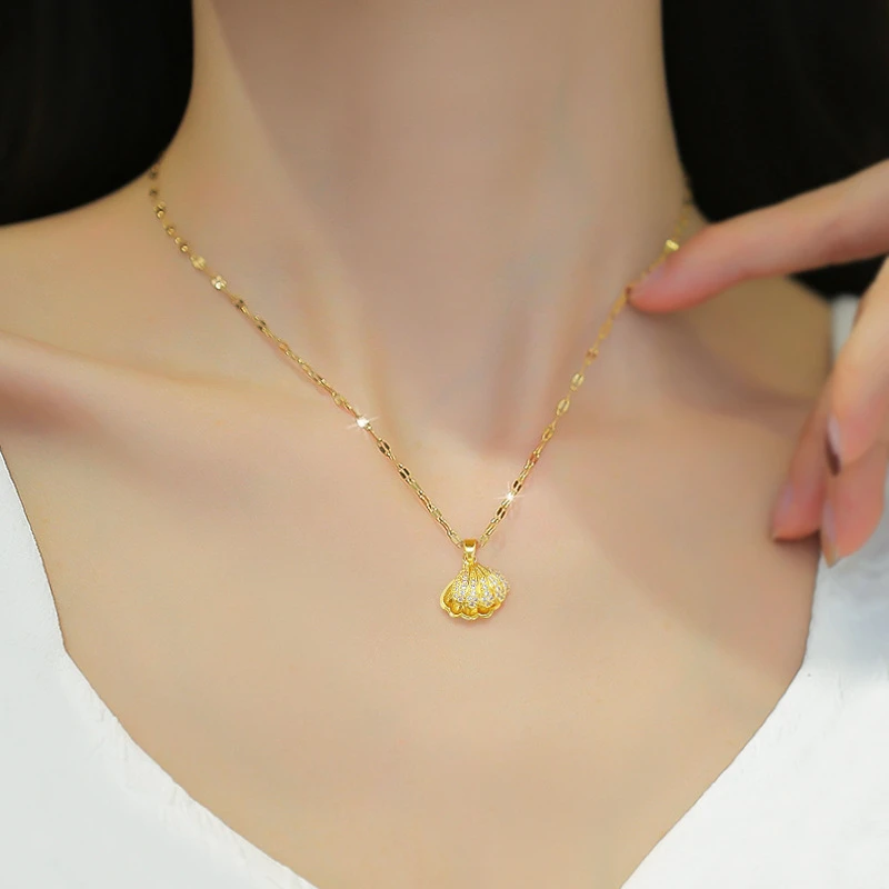 New Korean Openable Shell Pearl Necklace for Women Micro Inlaid Rhinestone Copper Pendant Clavicle Chain Wedding Party Jewelry