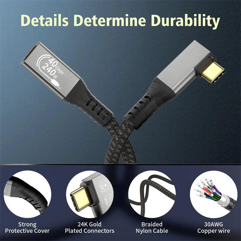 Elbow Thunderbolt 4 Type C Extension Cable USB4 40Gbps USB C to Type-C Date Transfer Cable PD 240W usb-c For iPad MacBook Pro