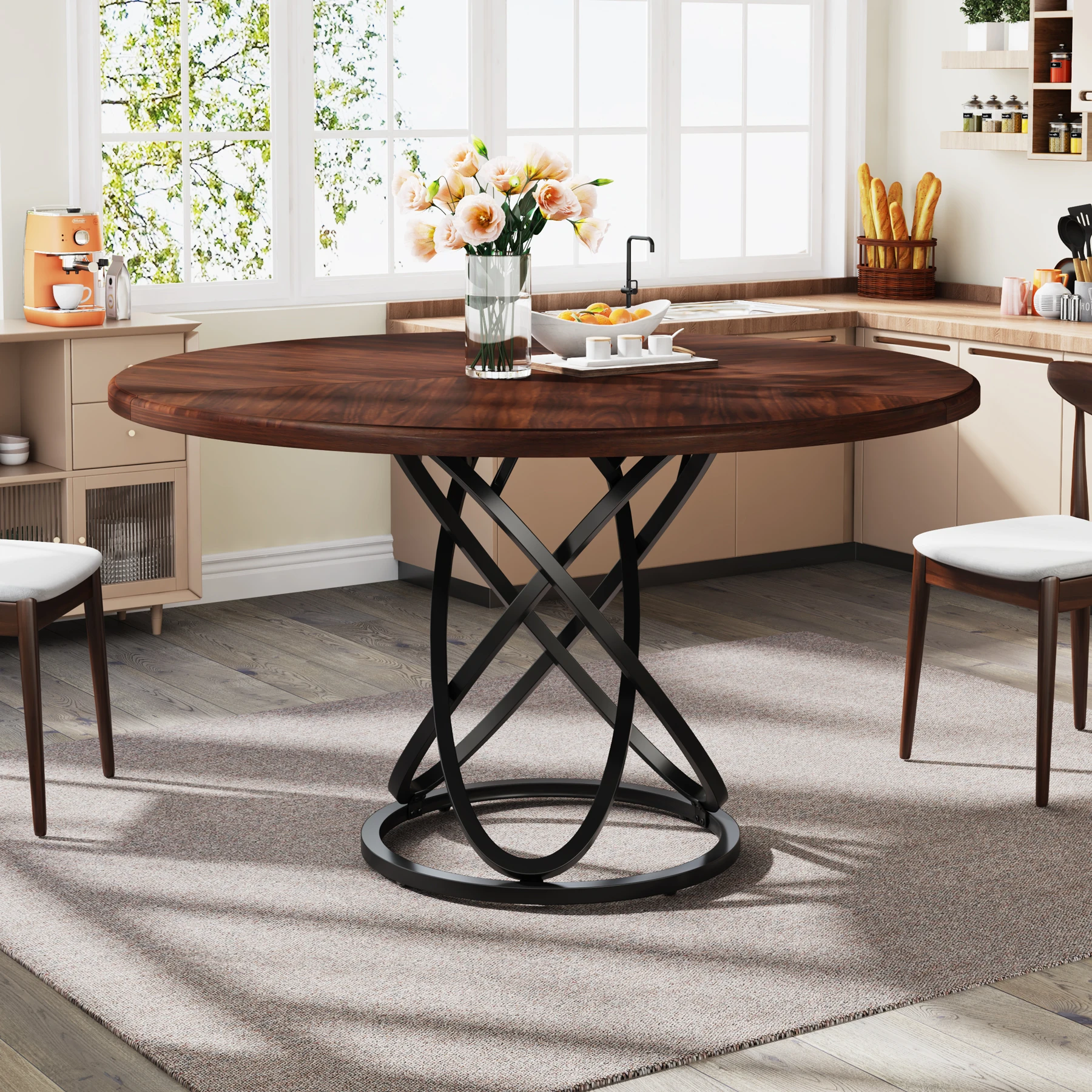 Tribesigns Round Dining Table for 4, 47 Inch Dinner Table Circle Kitchen Table with Metal Base, Wood Dining Room Table