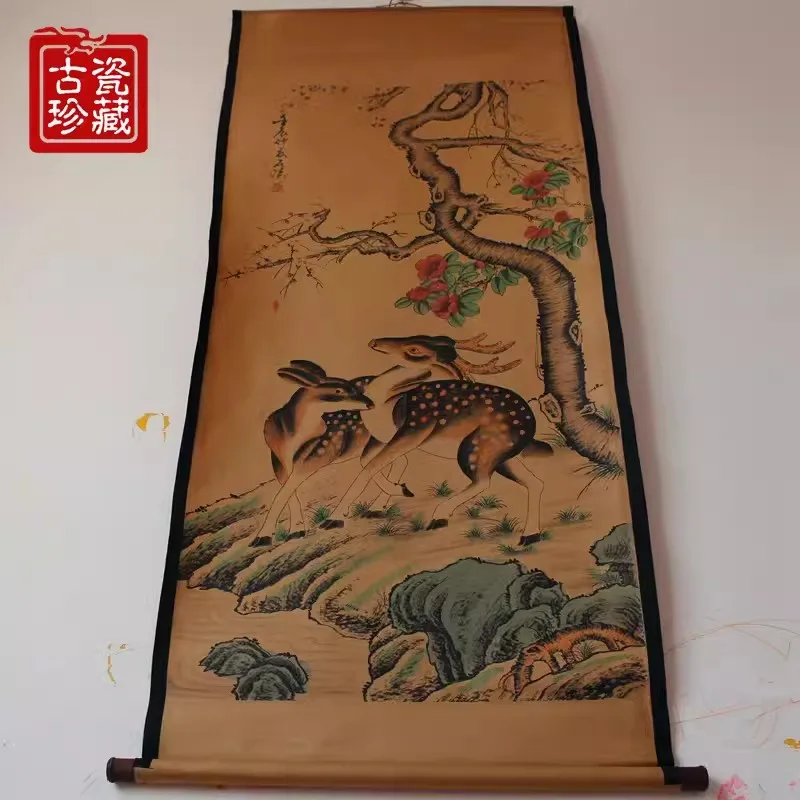 Antique calligraphy and painting Chinese painting Text & painting painting，Two deer