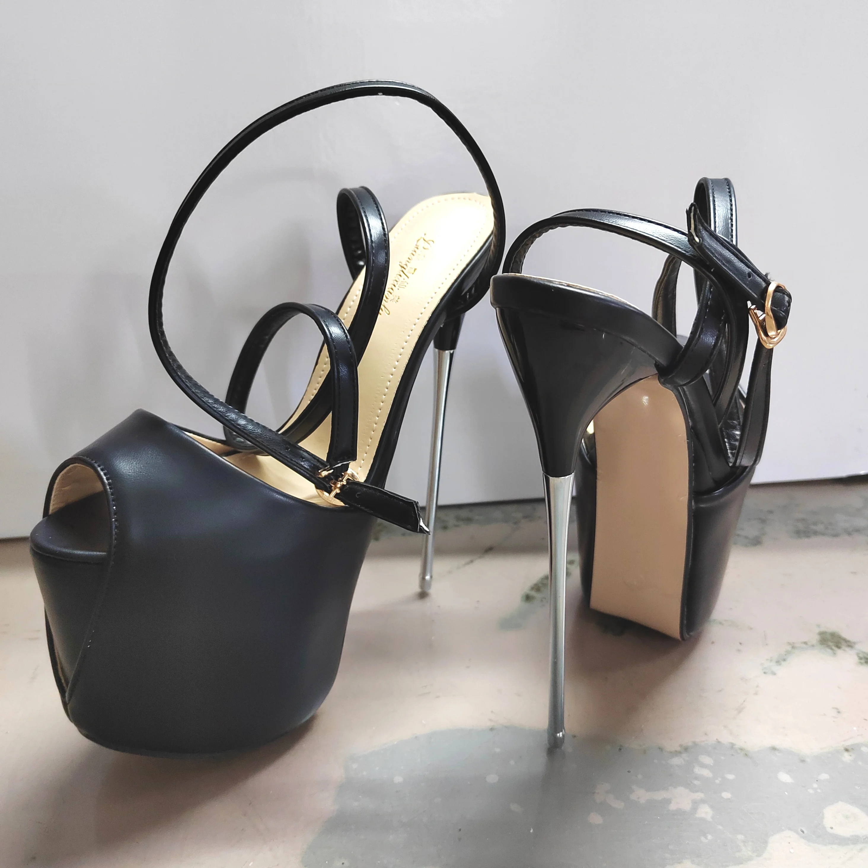 Summer 19cm Metal Thin High Heels Sandals Female Platform Women\'s Shoes Narrow Band Steel Pipe Dance Buckle SM Stripper Pumps