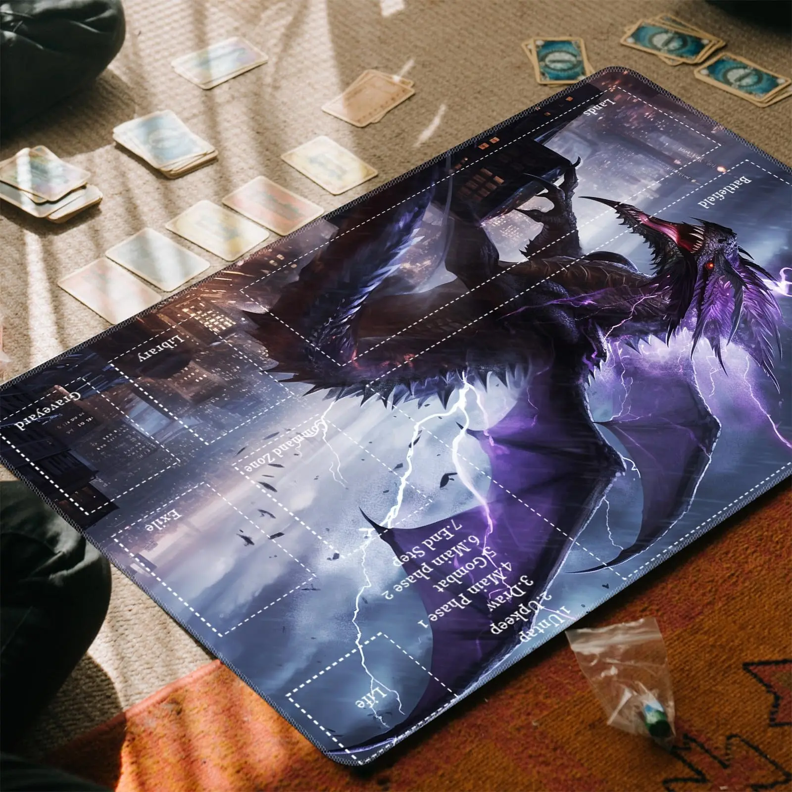 Fantasy Purple Lightning Dragon Card Playmat for MTG Trading Card Game Board Game with Zones for TCG Playmat and Other Card Game