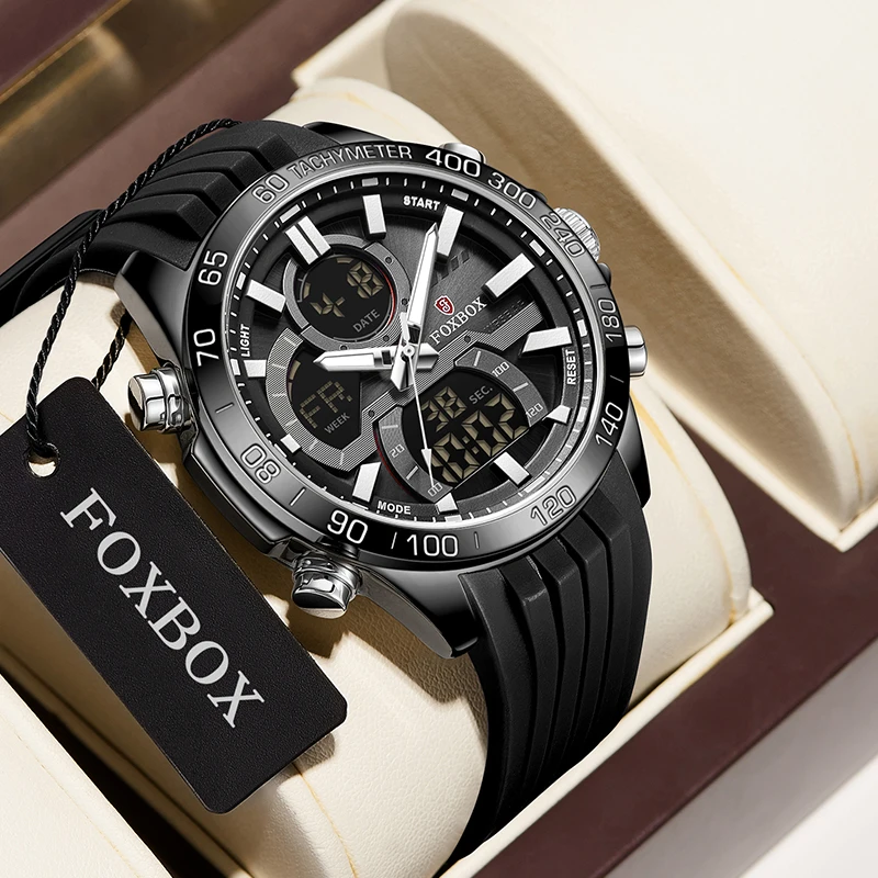 

Мужские электронные часы FOXBOX Fashion с силиконовым ремешком, роскошные кварцевые часы для мужчин, военные водонепроницаемые спортивные часы с двойным цифровым дисплеем