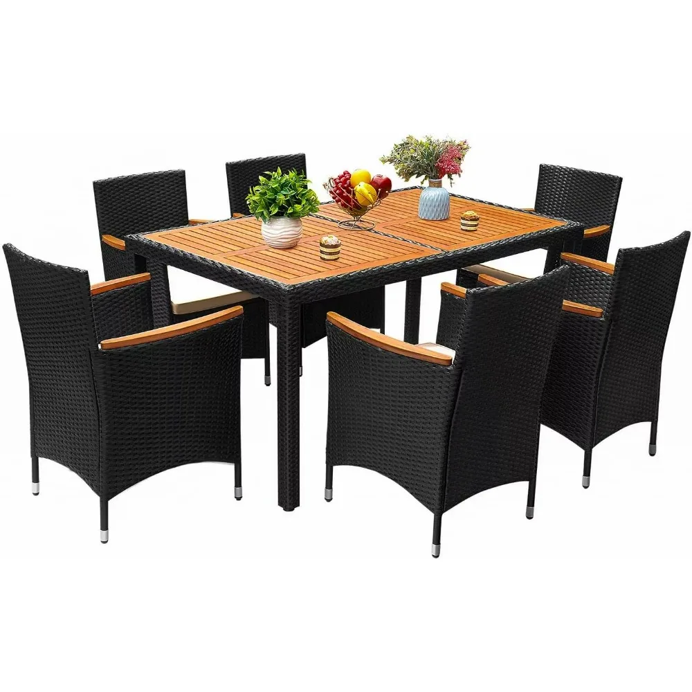 7 Piece Patio Dining Set Outdoor Acacia Wood Table and Chairs with Soft Cushions Wicker Patio for Deck, Table and Chair Set