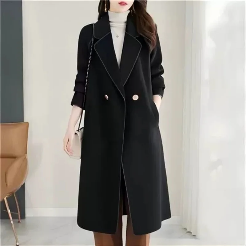 

Fashion 2024 Spring Autumn New Velvet/Regular Women's Windbreaker Women's Mid-Length Blazer Black Trench Coat Female Size 6XL