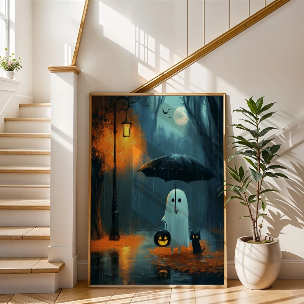 Vintage Ghost With Umbrella Canvas Print, Black Cat Pumpkin Lantern Forest Halloween Oil Painting Poster, Unframed Canvas Wall A