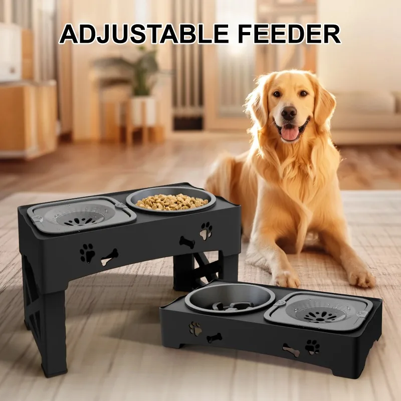 5 Adjustable Height for Different Needs 3 in 1 Pet Feeder Two Bowls One Lift Anti-upset High Neck Guard Slow Food Basin Pet Bowl