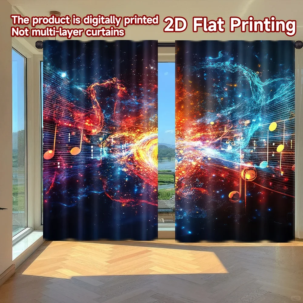 

2D flat printing 2pcs Curtains Colorful Musical Notes Digital Printed Polyester Drapes Festive Wall Decor Perfect for Festive