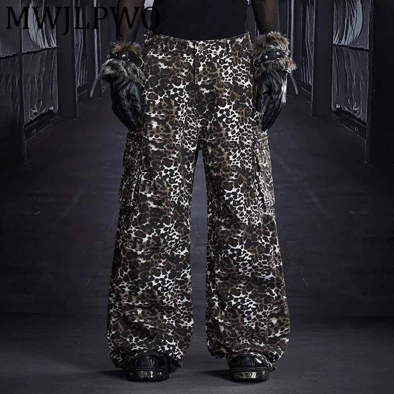 

MWJLPWQ Punk Straight Pleated Multi-Pocket Leopard Print Cargo Casual Pants Men's Niche Dark Loose Wide Leg Trousers Chic 12836