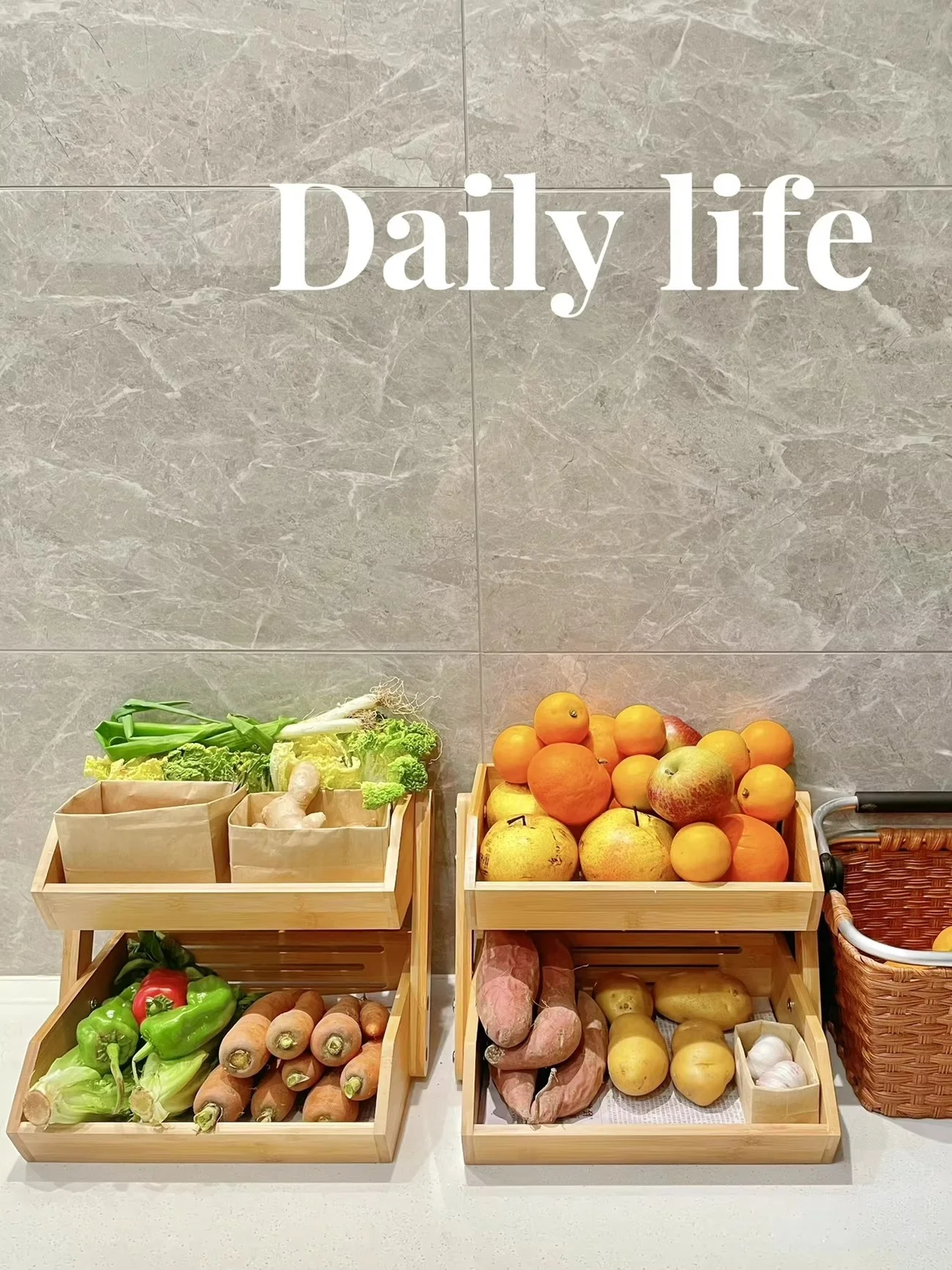 

Kitchen Living Room Multi-Layer Fruit Vegetable Storage Rack Snack Organizer Bamboo Material Shiny Surface Treatment