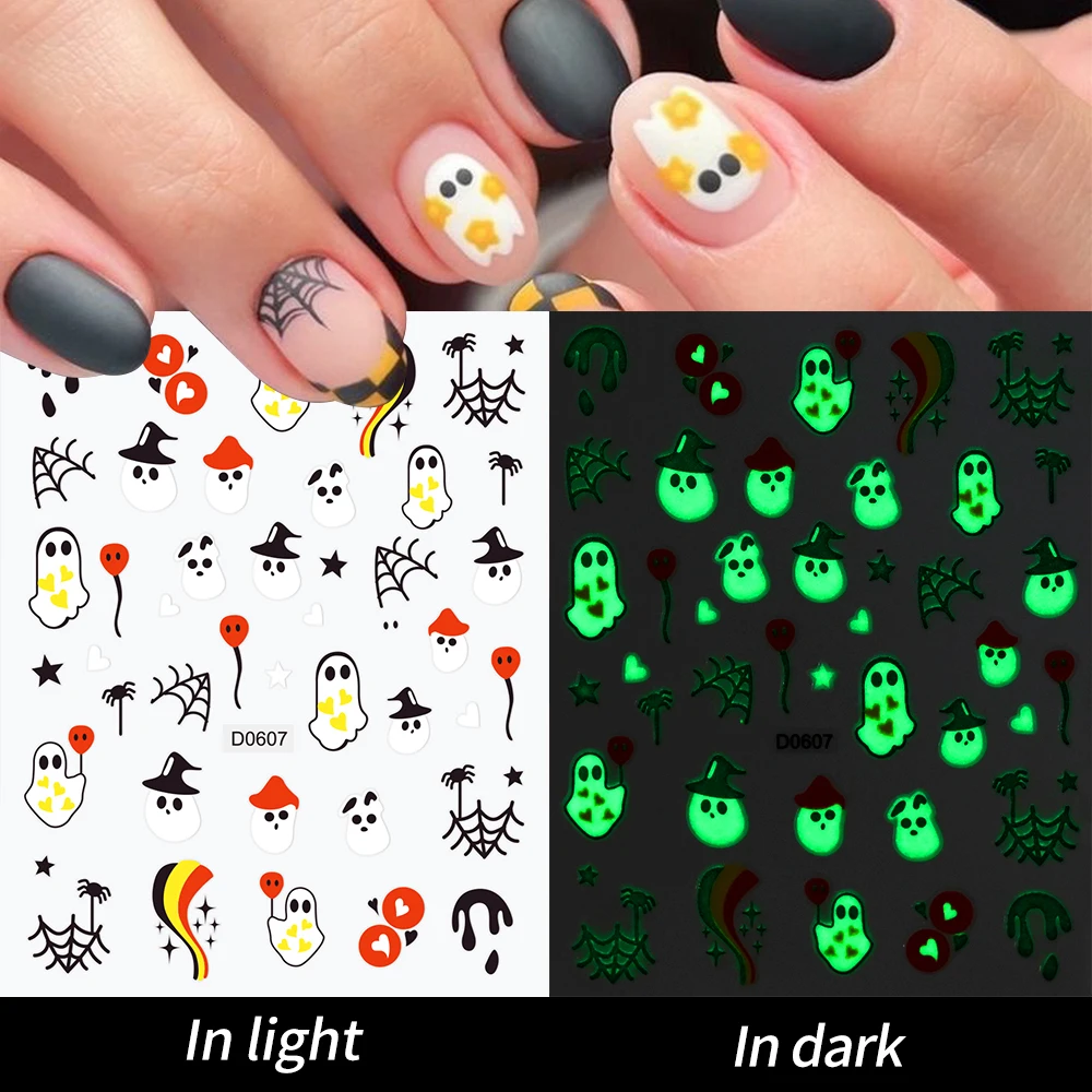 1Pcs Luminous Halloween Nail Art Sticker 3DGhost/Pumpkin/Skull Glow-In-Dark Sliders 8*10CM Blood Vessel Eyeball  Halloween Decal