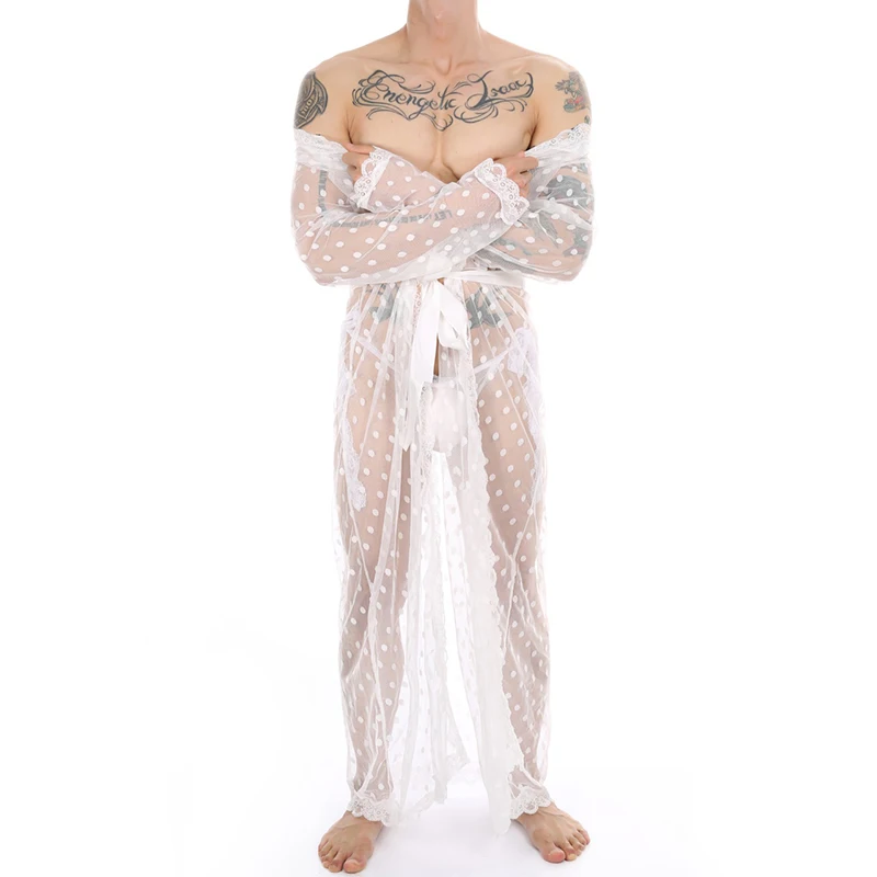 CLEVER-MENMODE Men Sexy Long Dress See Through Transparent Sleeping Wear Bathrobe Set with Adjustable Thong Exotic Lingerie 2pcs