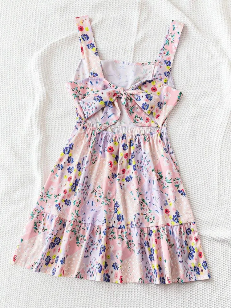 New Spring and Summer Floral Elegant A-line Skirt Sleeveless Square Collar Bow Printed Strap Short Dress