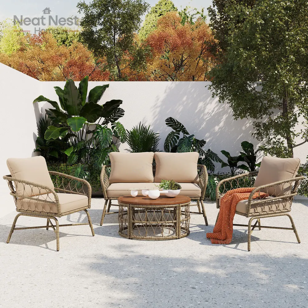 

Bohemia-inspired 4-Person Outdoor Seating Group With Removable Cushions, Conversation Patio Set With Wood Tabletop,garden chairs