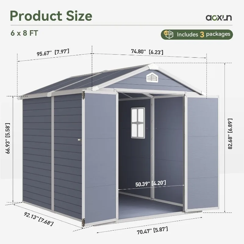 Aoxun 8 x 6 FT Outdoor Storage Shed with Window, Resin Shed with Floor & Lockable Doors, Garden Shed Waterproof Plastic Tool