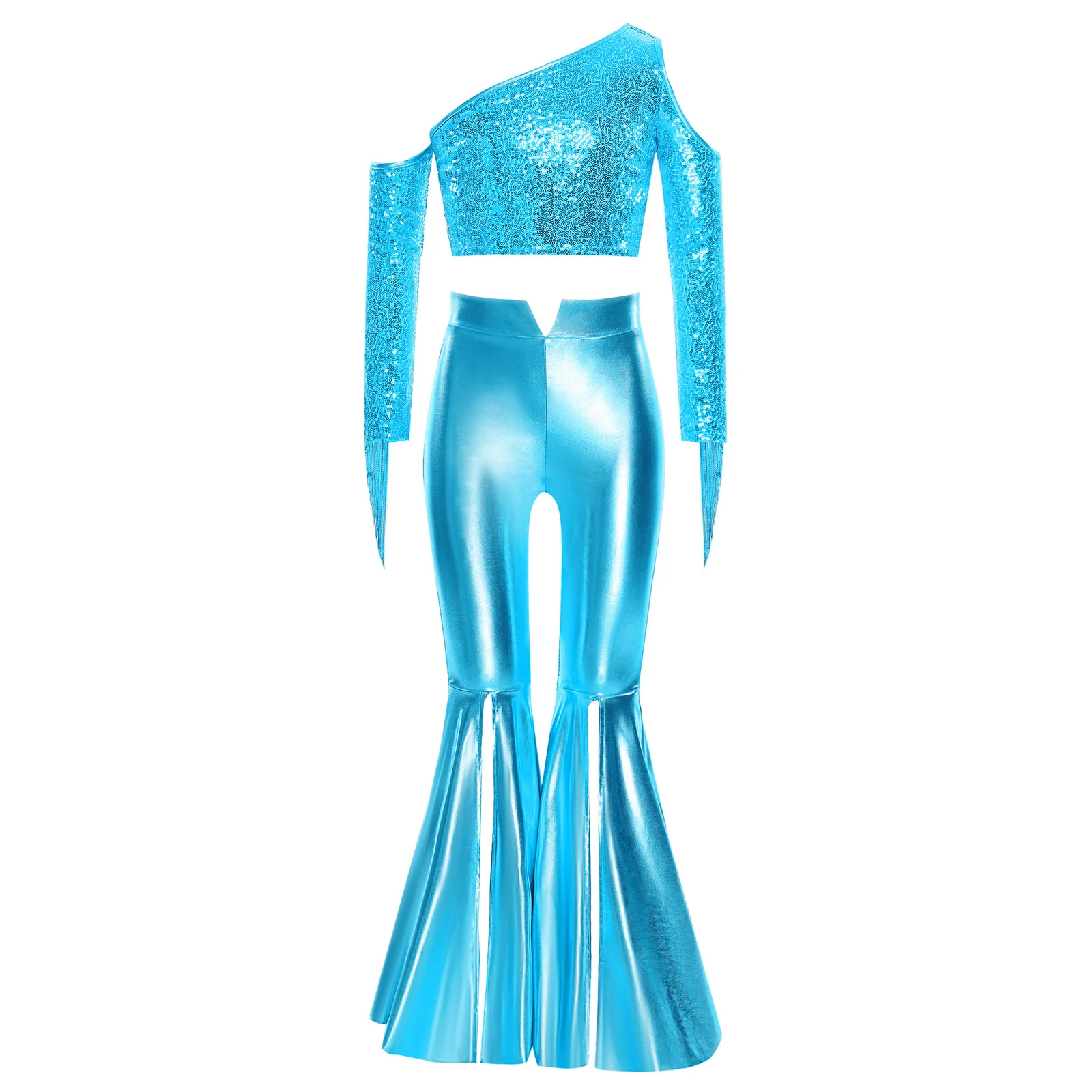 Kids Girls Pageant Stage Performance Costume One Shoulder Long Sleeve Shiny Sequins Crop Top with Pants Disco Belly Dance Wear