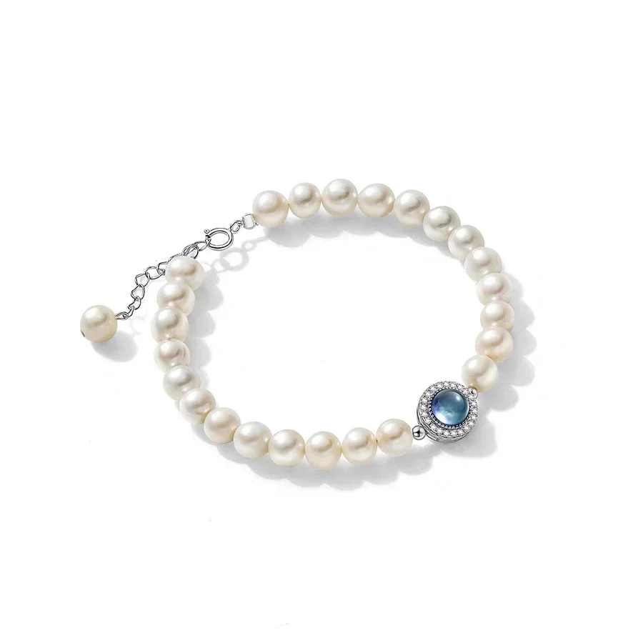 

Real 925 Sterling Silver Sea Blue Jewel Crystal String Pearl Bracelet for Women Beaded Fine Jewelry