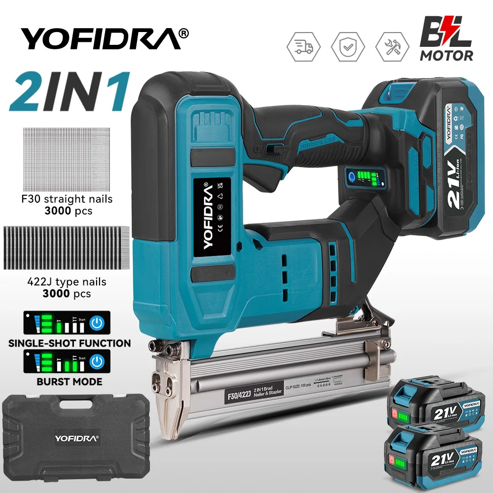 YOFIDRA Bürstenloser 30mm Elektro-Nagler 2-in-1 Nagel-/Klammergerät Kabelloser Rahmennagler Tacker für Makita 21V Akku