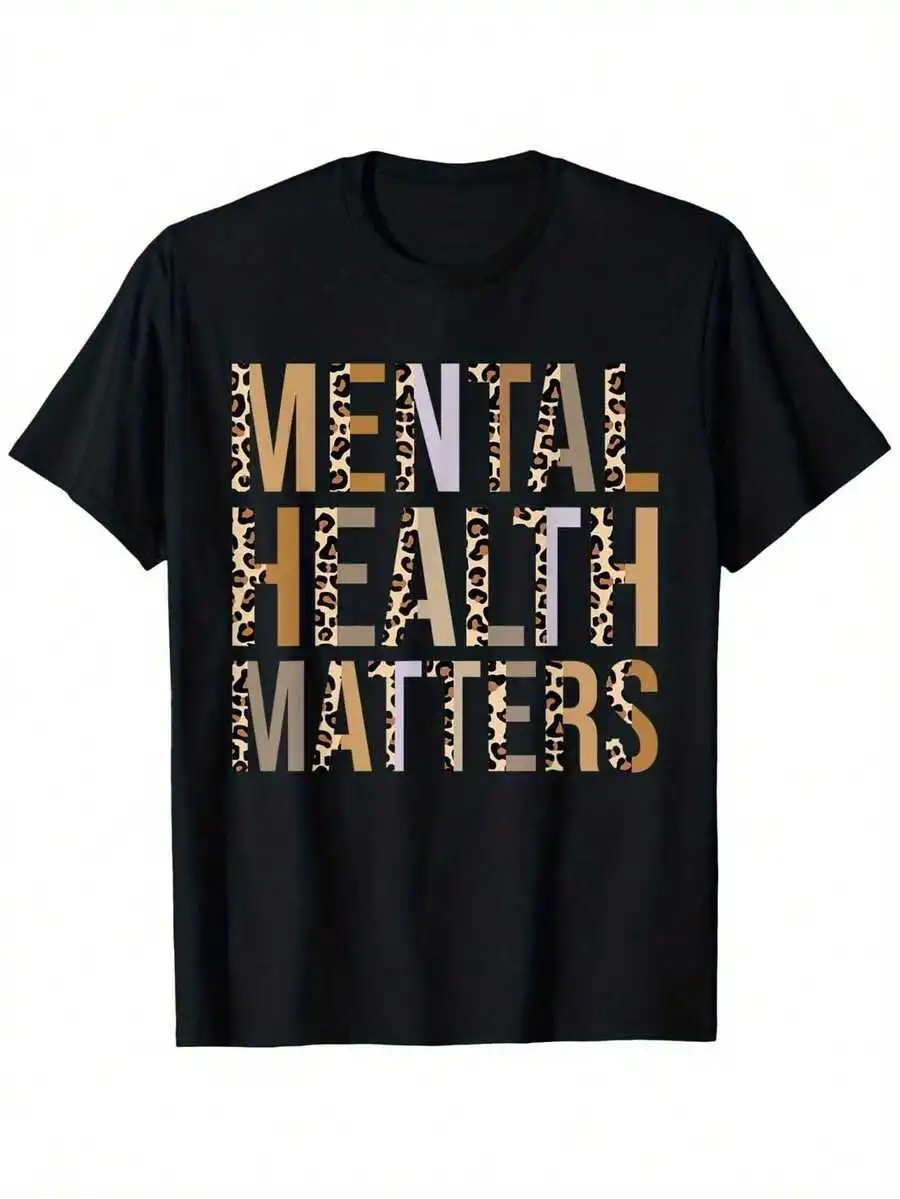 Vintage Leopard Print Alphabet T Shirt Women Casual O Neck Streetwear Tees Mental Health Matters Graphic Top Y2K Loose Clothing