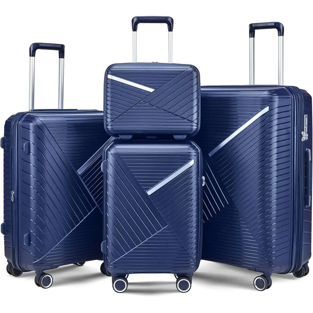 

Набор из 4 легких расширяемых чемоданов для ручной клади с замком TSA, бесшумными колесами, алюминиевой ручкой и материалом из полипропилена, синего цвета