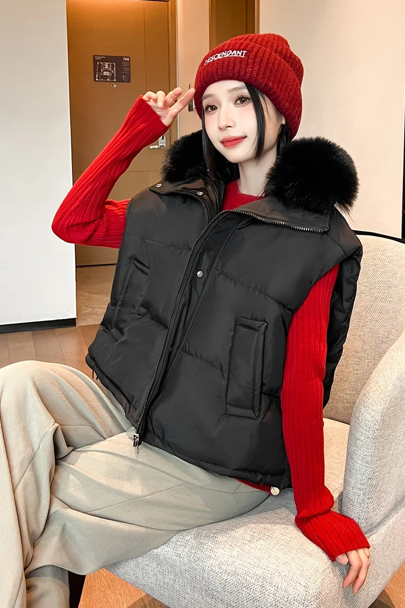 

Warm Faux Big Fur Collar Cotton Vest High Street Fashion Thicken Sleeveless Jacket for Women Lapel Drawstring Coat Chaquetas