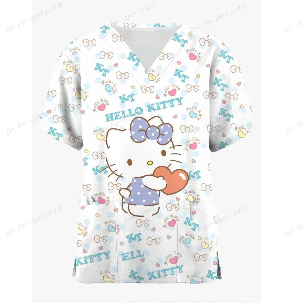 Hello Kitty/Kuromi printed nurse frosted top women's work clothes shirt short sleeved V-neck uniform dentist nurse uniform