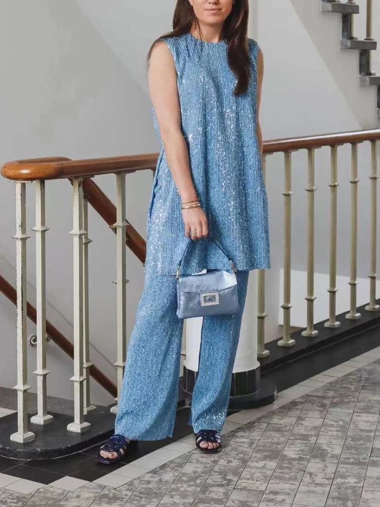 New In Sequin-design Midi Dress High Quality Sparkling Ice Blue Ocean Sense Loose Dress Tops Pants Skirt Shirt Special Occasions