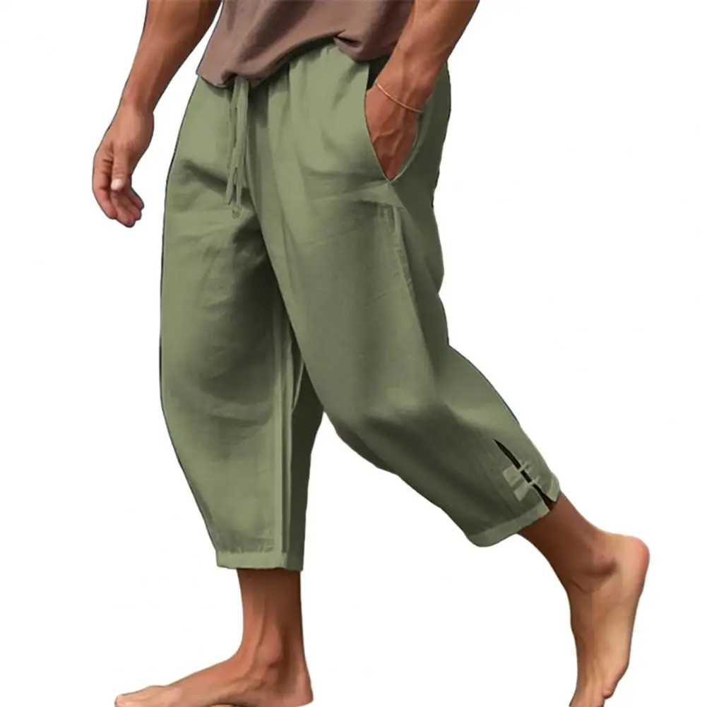 Beach Slits Trousers Men\'s Drawstring Cropped Pants with Elastic Waist Deep Crotch Soft Breathable Summer Trousers for Beach