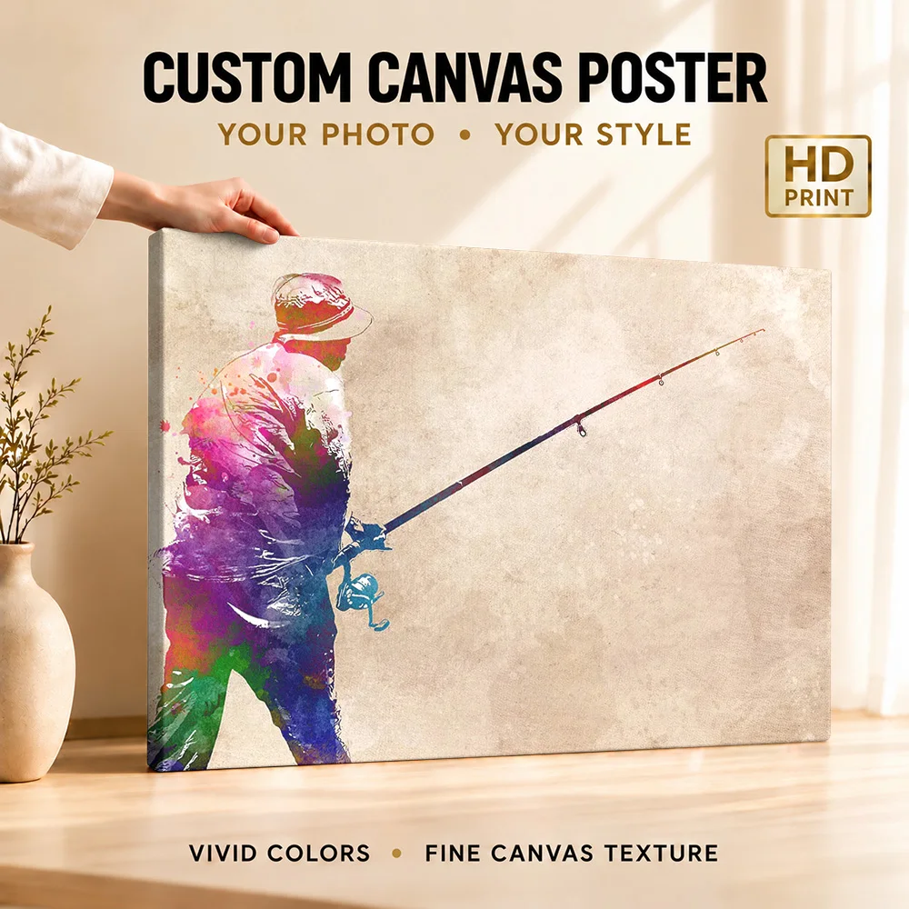 Angler Fishing Gallery Wrapped Canvas Print Customized Photo Expressive Watercolor Splash Illustration Wall Art For Sports Room