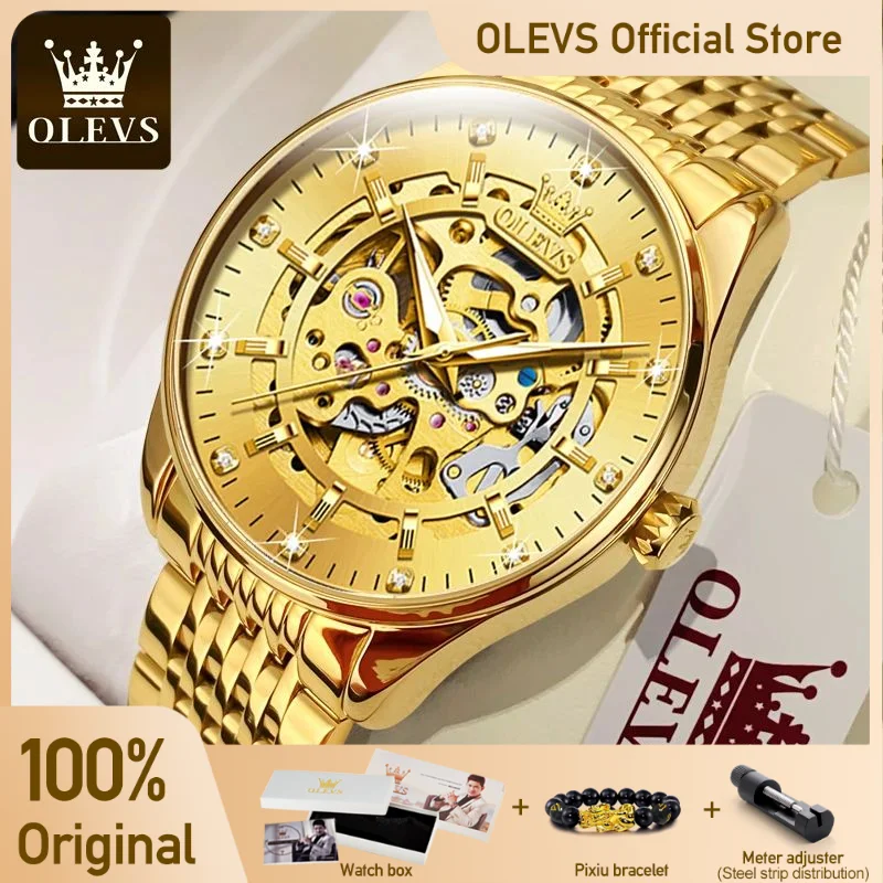 OLEVS Men\'s Watches Luxury Gold Skeleton Automatic Mechanical Wrist Watch for Man Waterproof Stainless Steel Luminous Business