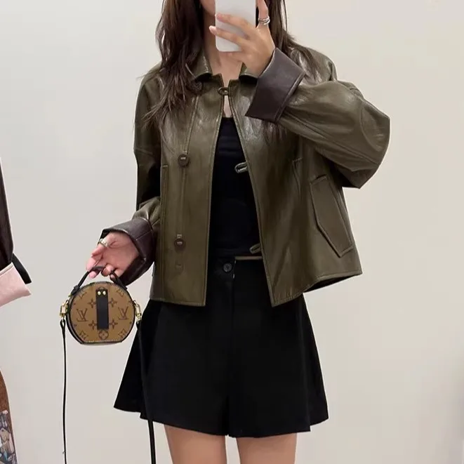 

Американский контрастный цвет, повседневная свободная кожаная куртка, женское осеннее новое пальто небольшого размера, топ