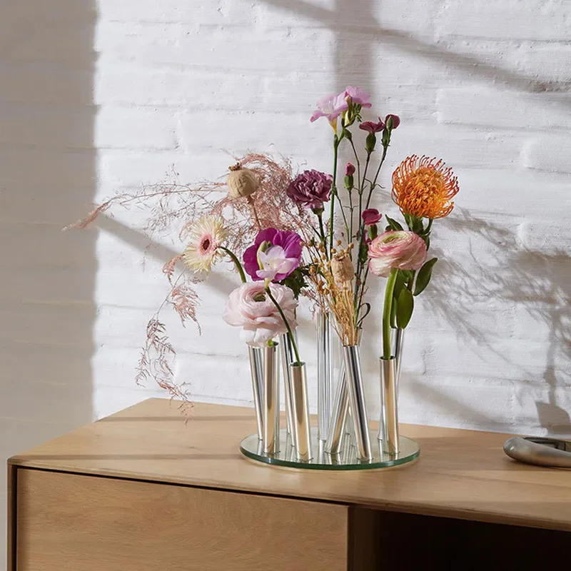 Modern Acrylic Flower Vase Stainless Steel Base Luxury Home Decor Living Room Entrance Ornament Simple High End Floral